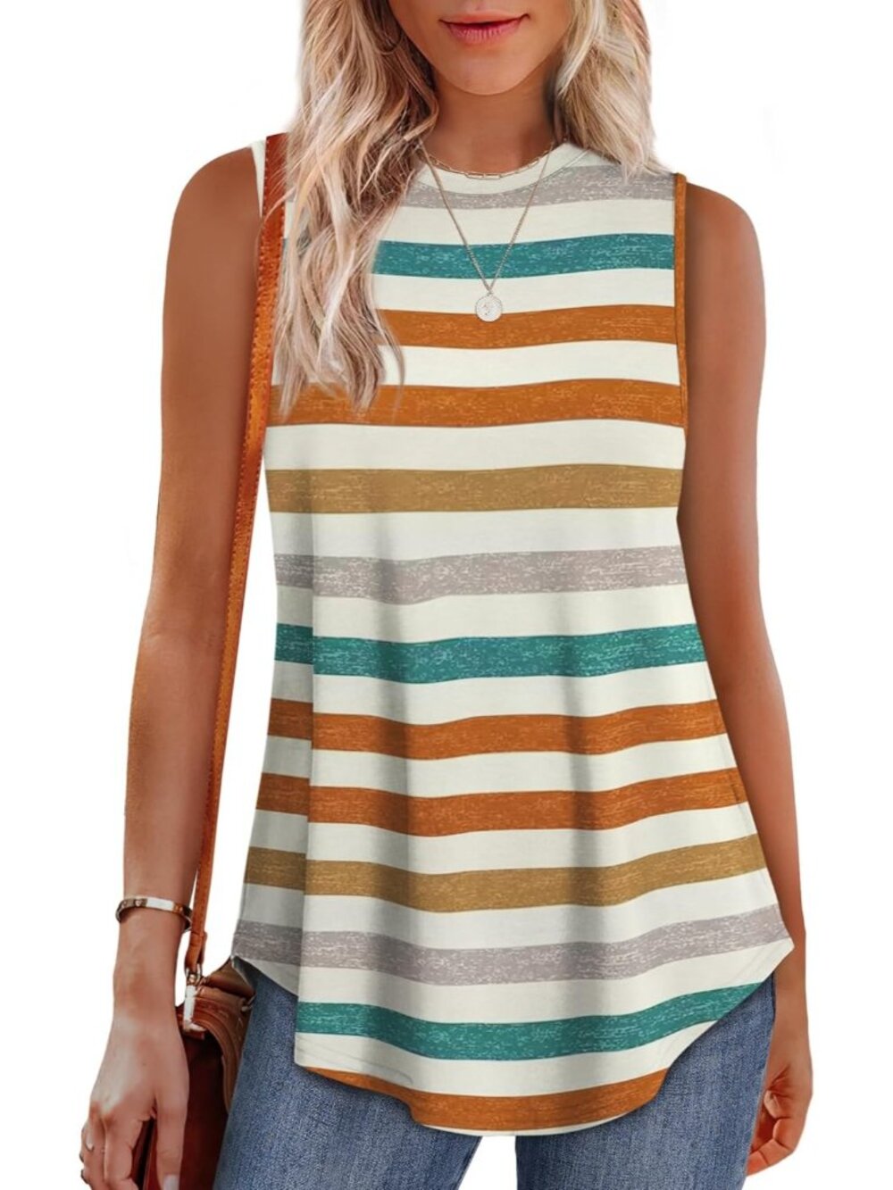 Women's Stripe Green Orange High Neck Tank Loose Fit Sleeveless Summer Tunic Top